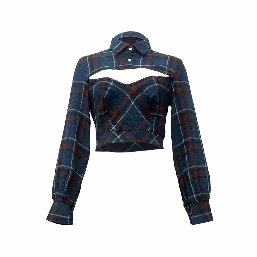 L521 Sexy Cotton Digital Printed Shirt Collar Long Sleeve Hollow Stitching Tops