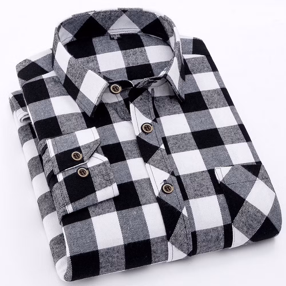 Classic White Black Plaid Shirts Mens Long Sleeve Cotton Flannel