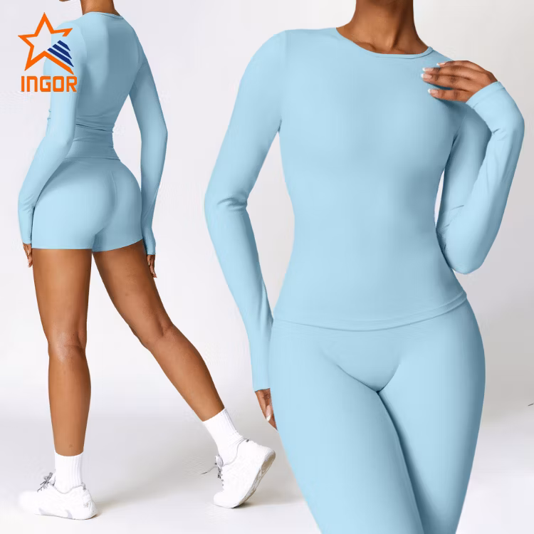 Ingor Sportswear Custom Women Activewear Manufacturer China Brushed Long Sleeve Yoga Wear High Support Fitness Gym Wear Pilates Running Sports T Shirts