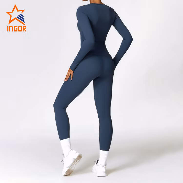 Ingor Sportswear Custom Women Activewear Manufacturer China Brushed Long Sleeve Yoga Wear High Support Fitness Gym Wear Pilates Running Sports T Shirts
