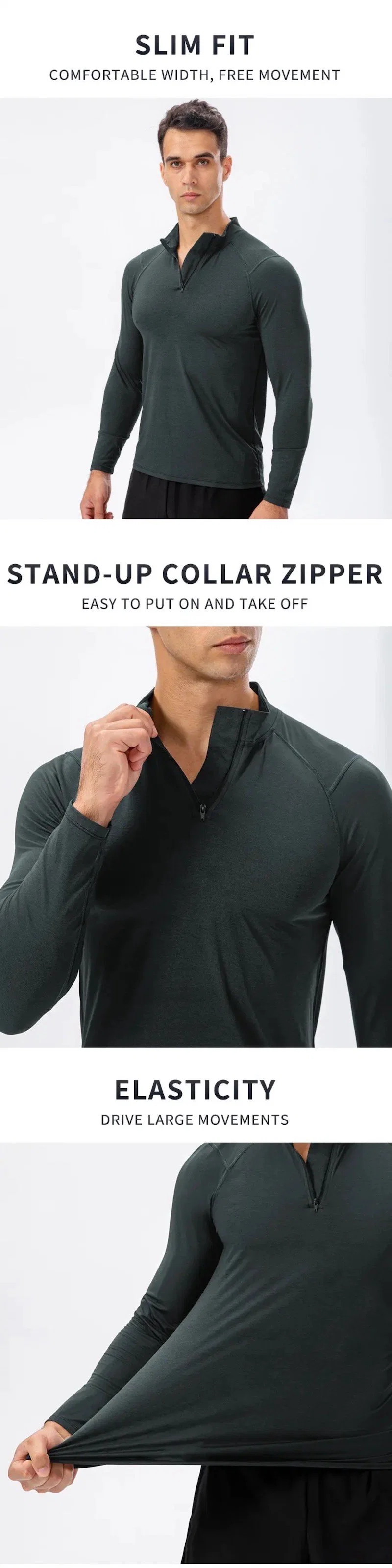 Hot Sale Men&prime; S Active Slim Fit Quarter Zipper Running Sweatshirt Stand-up Collar Quick Dry Outdoor Athletic Performance Long Sleeve Sports Gym Shirts