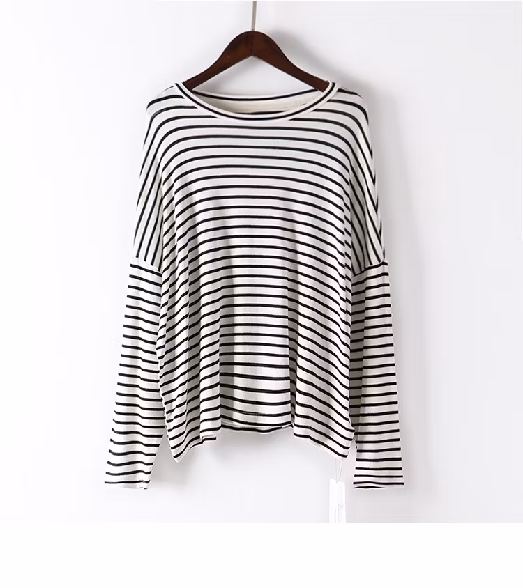 Wholesale 100% Cotton Round Collar Striped Long Sleeve Women T Shirt