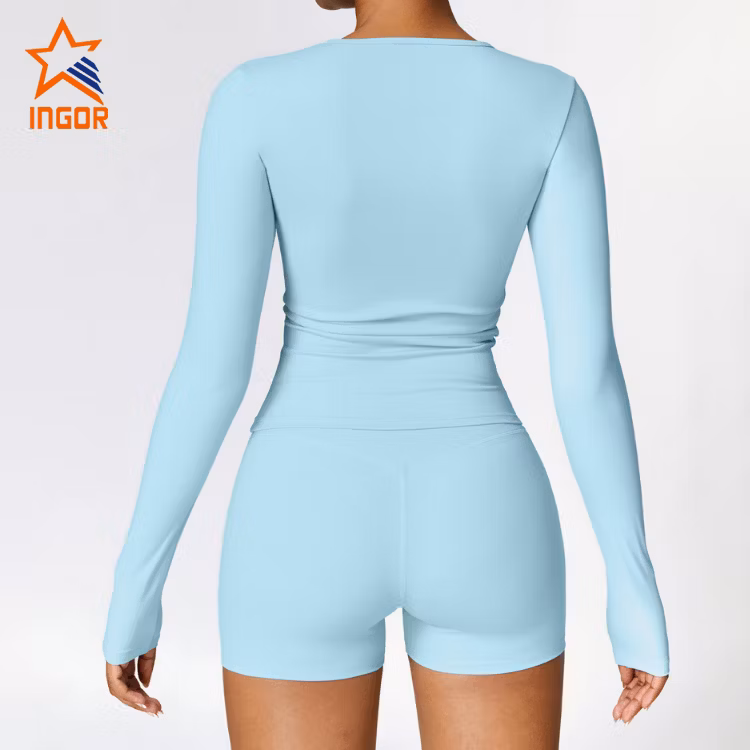 Ingor Sportswear Custom Women Activewear Manufacturer China Brushed Long Sleeve Yoga Wear High Support Fitness Gym Wear Pilates Running Sports T Shirts