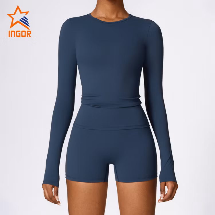 Ingor Sportswear Custom Women Activewear Manufacturer China Brushed Long Sleeve Yoga Wear High Support Fitness Gym Wear Pilates Running Sports T Shirts