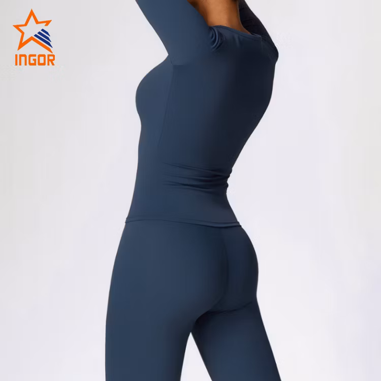 Ingor Sportswear Custom Women Activewear Manufacturer China Brushed Long Sleeve Yoga Wear High Support Fitness Gym Wear Pilates Running Sports T Shirts