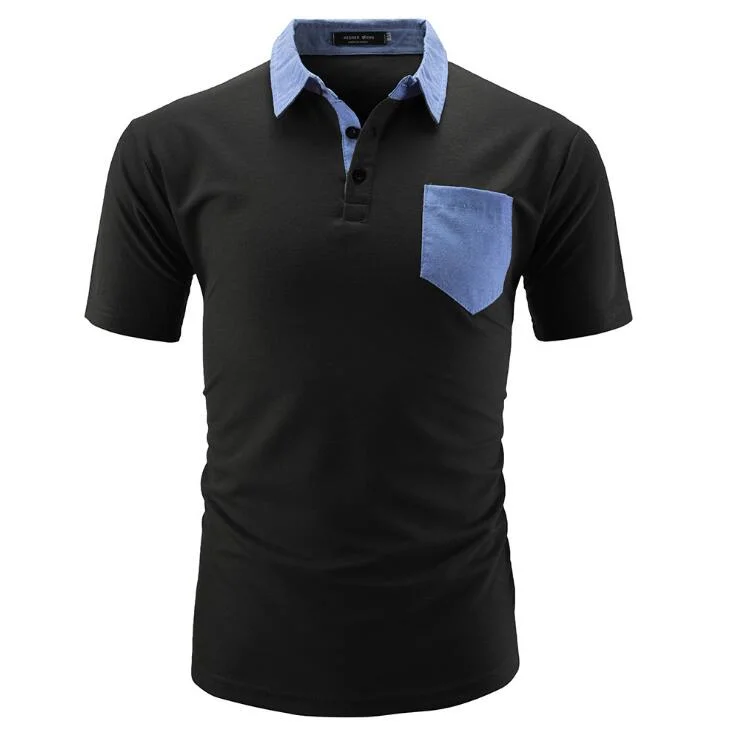 Single Cotton Spandex Jersey Polo Shirts with Custom Logo Printing on Pockets