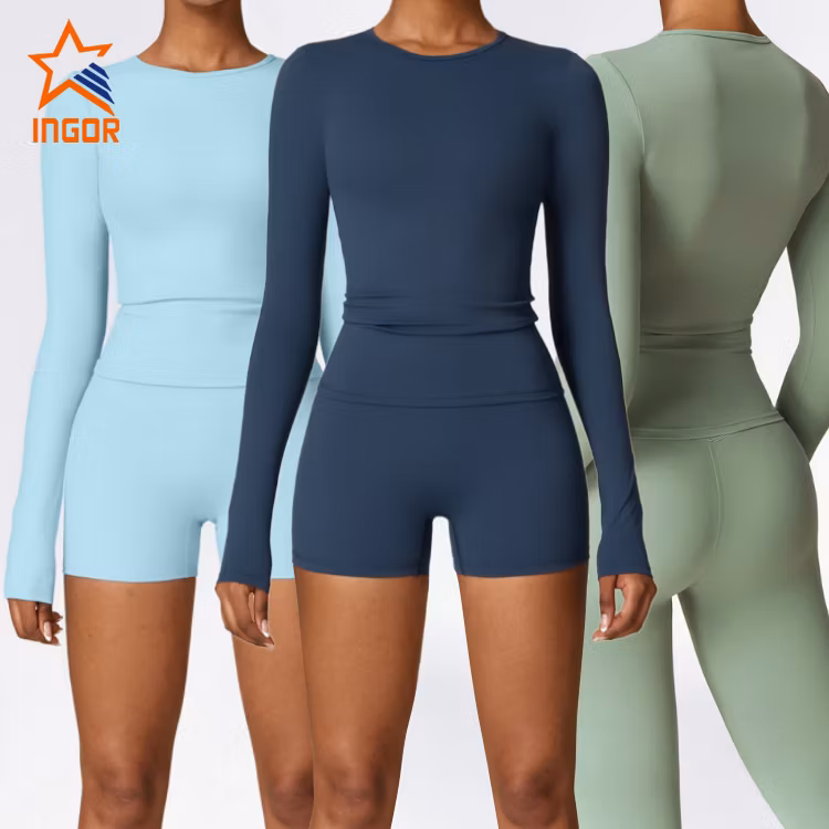 Ingor Sportswear Custom Women Activewear Manufacturer China Brushed Long Sleeve Yoga Wear High Support Fitness Gym Wear Pilates Running Sports T Shirts