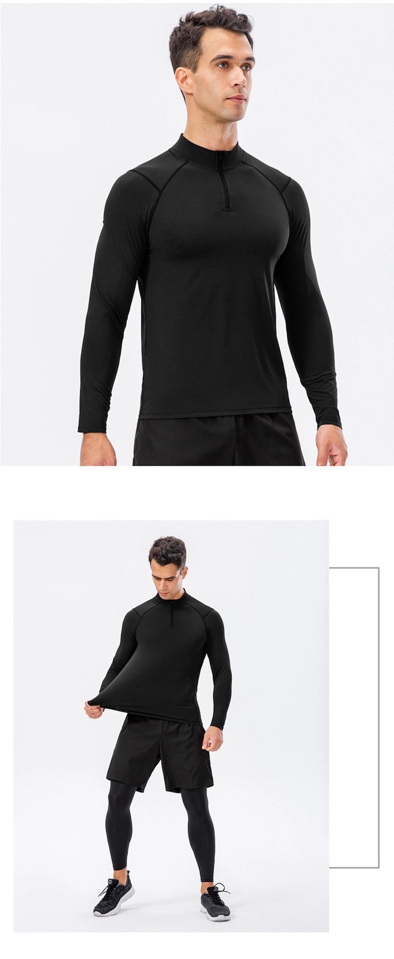 Hot Sale Men&prime; S Active Slim Fit Quarter Zipper Running Sweatshirt Stand-up Collar Quick Dry Outdoor Athletic Performance Long Sleeve Sports Gym Shirts