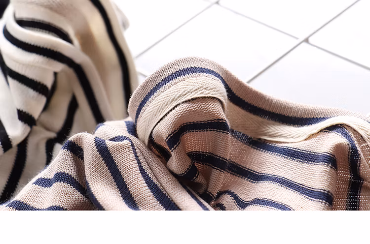 Wholesale 100% Cotton Round Collar Striped Long Sleeve Women T Shirt