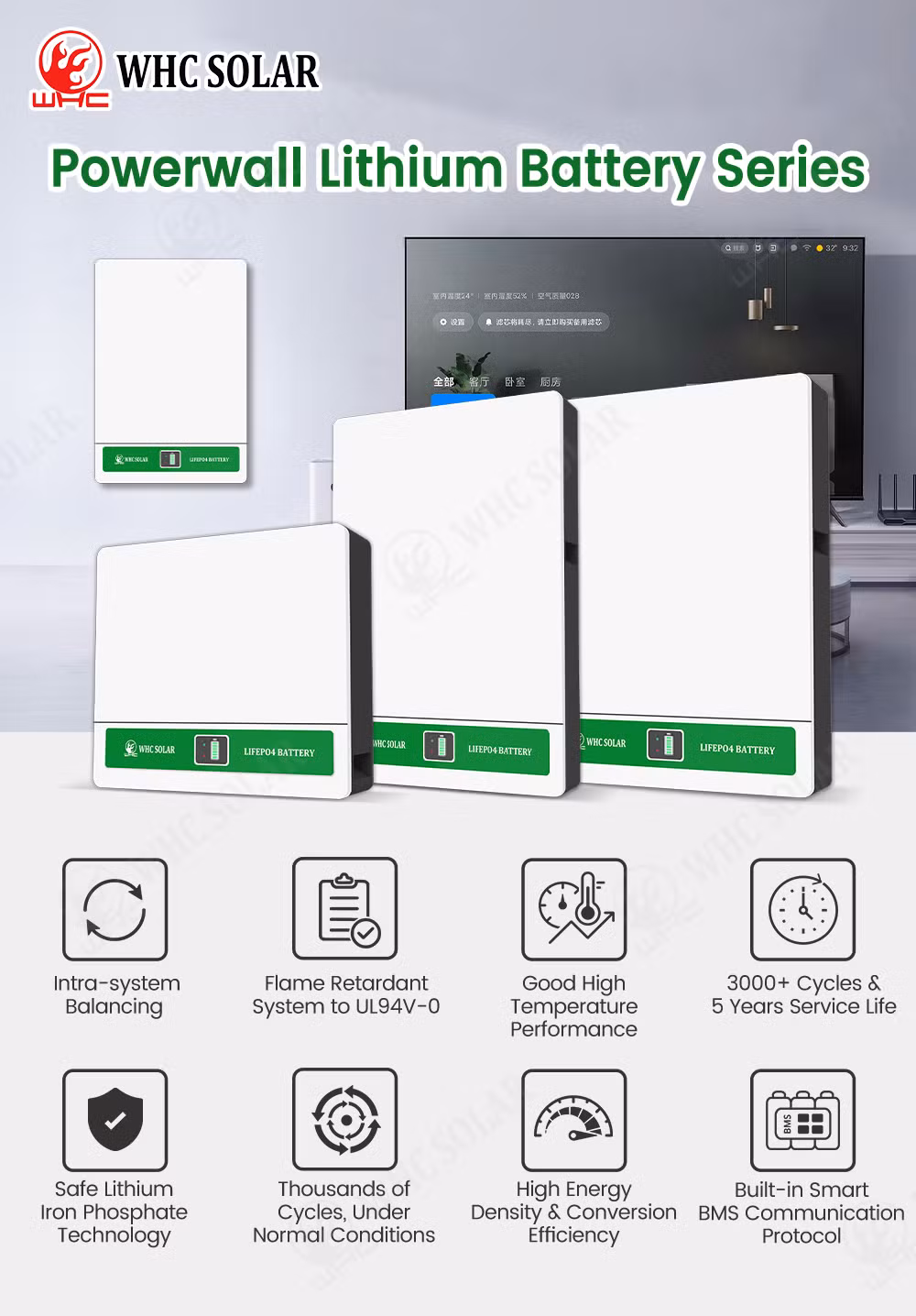 Whc Powerwall 5kwh 10kwh 15kwh 48V 100ah 200ah 300ah Lithium Ion Lipo Li Ion 48V LiFePO4 Lithium Solar Battery for Home Energy Storage