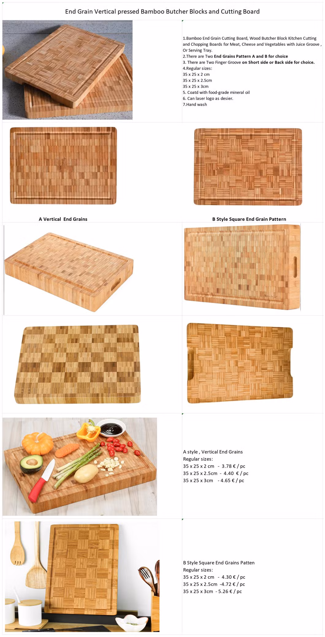 End Grain Vertical Pressed Bamboo Butcher Blocks and Cutting Board