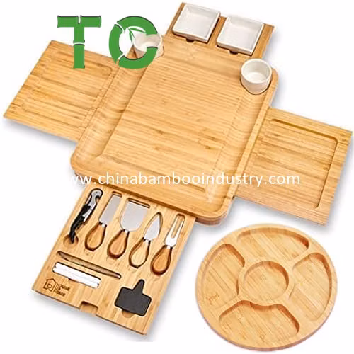 Bamboo Charcuterie Board and cutlery Set Cheese Board Knife Set 2 Ceramic Bowls 2 Serving Plates Magnetic 4 Drawers