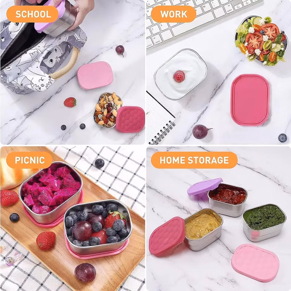 Rectangle Shape Dishwashing Safe Silicone Food Snack Tin Vacuum Thermal Leak Proof Storage Boxes Lunch Bento with Silicone Lid
