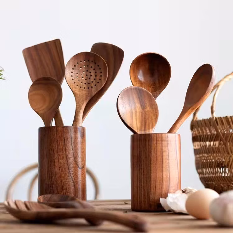 Natural Wood Utensils Home Kitchen Tools Ware Cooking Utensils Set Spoons and Spatulas Wooden Spoons for Cooking Salad Fork