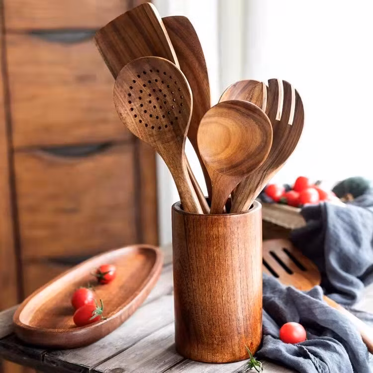 Natural Wood Utensils Home Kitchen Tools Ware Cooking Utensils Set Spoons and Spatulas Wooden Spoons for Cooking Salad Fork