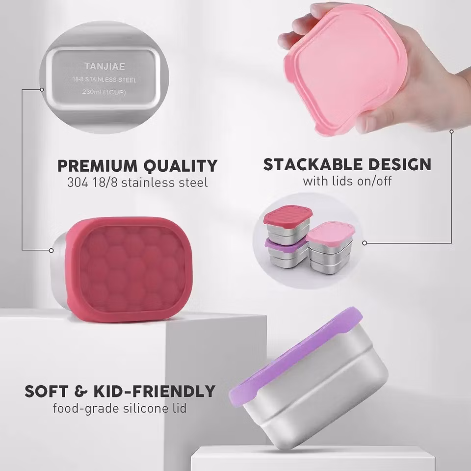 Rectangle Shape Dishwashing Safe Silicone Food Snack Tin Vacuum Thermal Leak Proof Storage Boxes Lunch Bento with Silicone Lid