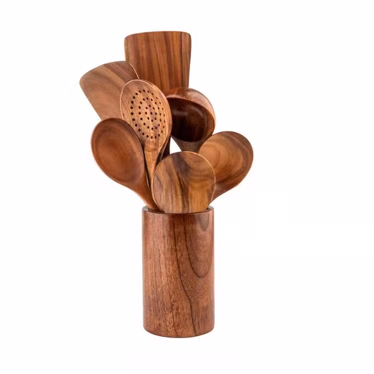 Natural Wood Utensils Home Kitchen Tools Ware Cooking Utensils Set Spoons and Spatulas Wooden Spoons for Cooking Salad Fork