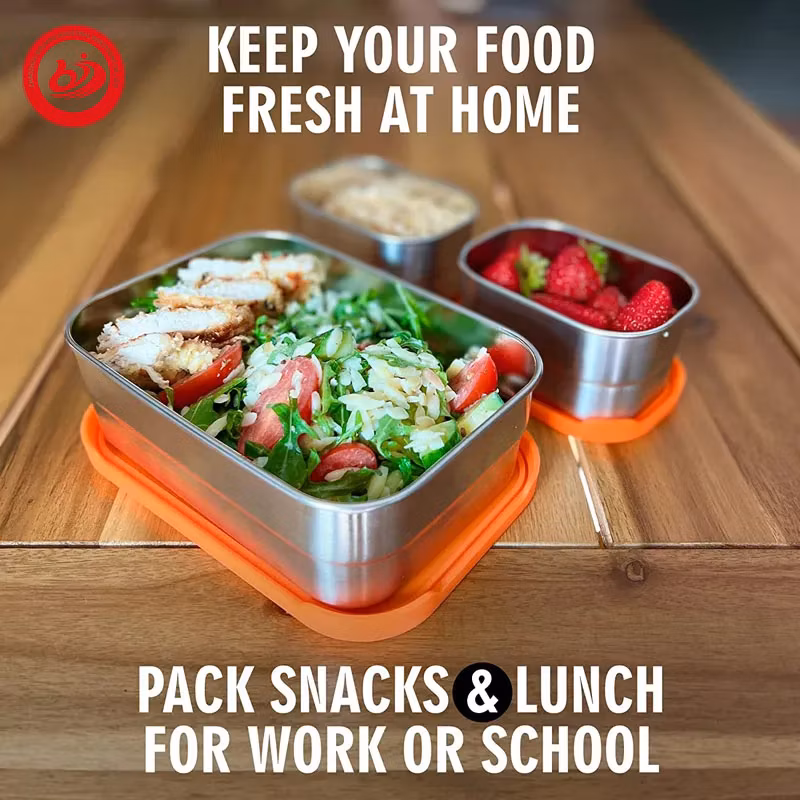 Rectangle Shape Dishwashing Safe Silicone Food Snack Tin Vacuum Thermal Leak Proof Storage Boxes Lunch Bento with Silicone Lid
