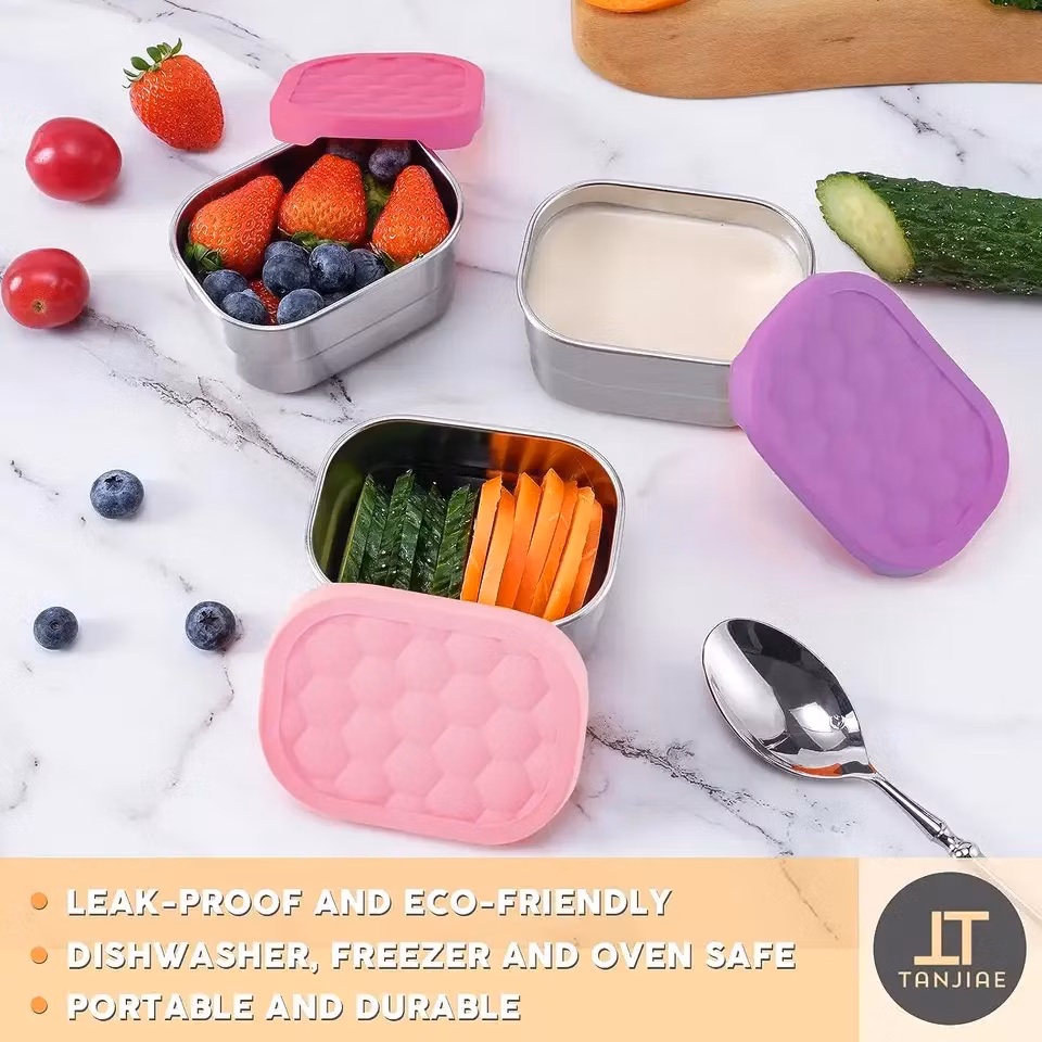 Rectangle Shape Dishwashing Safe Silicone Food Snack Tin Vacuum Thermal Leak Proof Storage Boxes Lunch Bento with Silicone Lid