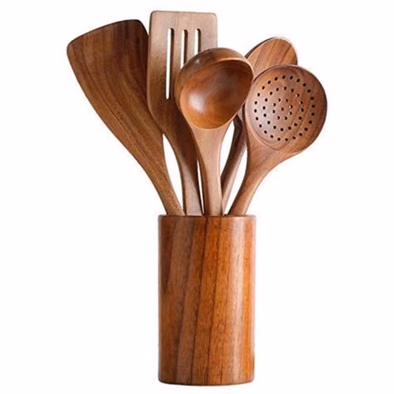9 Piece Natural Teak Wooden Kitchen Utensil Set with Spoon Rest-Comfort Grip Cooking Spoons and Utensils Holder