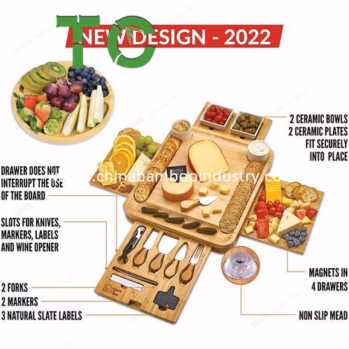 Bamboo Charcuterie Board and cutlery Set Cheese Board Knife Set 2 Ceramic Bowls 2 Serving Plates Magnetic 4 Drawers