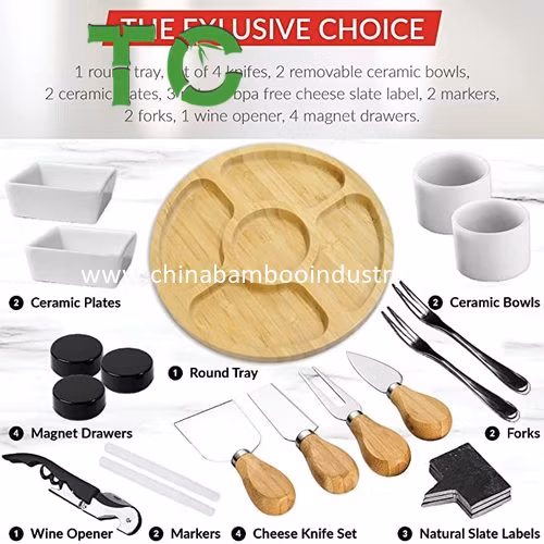 Bamboo Charcuterie Board and cutlery Set Cheese Board Knife Set 2 Ceramic Bowls 2 Serving Plates Magnetic 4 Drawers