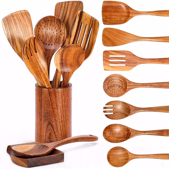 9 Piece Natural Teak Wooden Kitchen Utensil Set with Spoon Rest-Comfort Grip Cooking Spoons and Utensils Holder