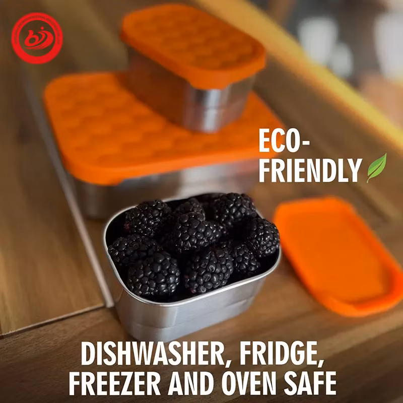 Rectangle Shape Dishwashing Safe Silicone Food Snack Tin Vacuum Thermal Leak Proof Storage Boxes Lunch Bento with Silicone Lid