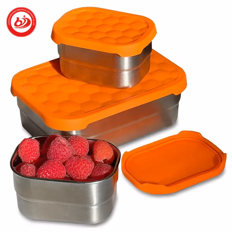 Rectangle Shape Dishwashing Safe Silicone Food Snack Tin Vacuum Thermal Leak Proof Storage Boxes Lunch Bento with Silicone Lid