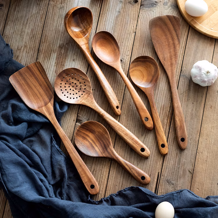 9 Piece Natural Teak Wooden Kitchen Utensil Set with Spoon Rest-Comfort Grip Cooking Spoons and Utensils Holder