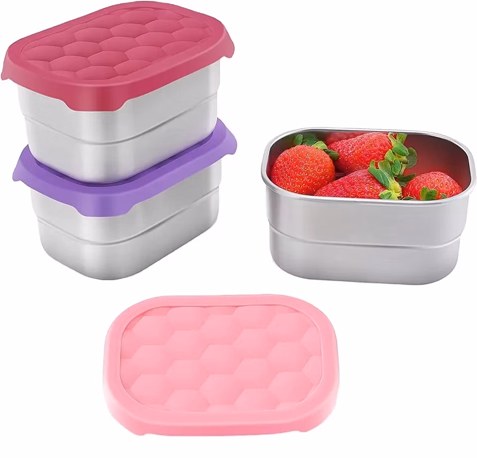 Rectangle Shape Dishwashing Safe Silicone Food Snack Tin Vacuum Thermal Leak Proof Storage Boxes Lunch Bento with Silicone Lid