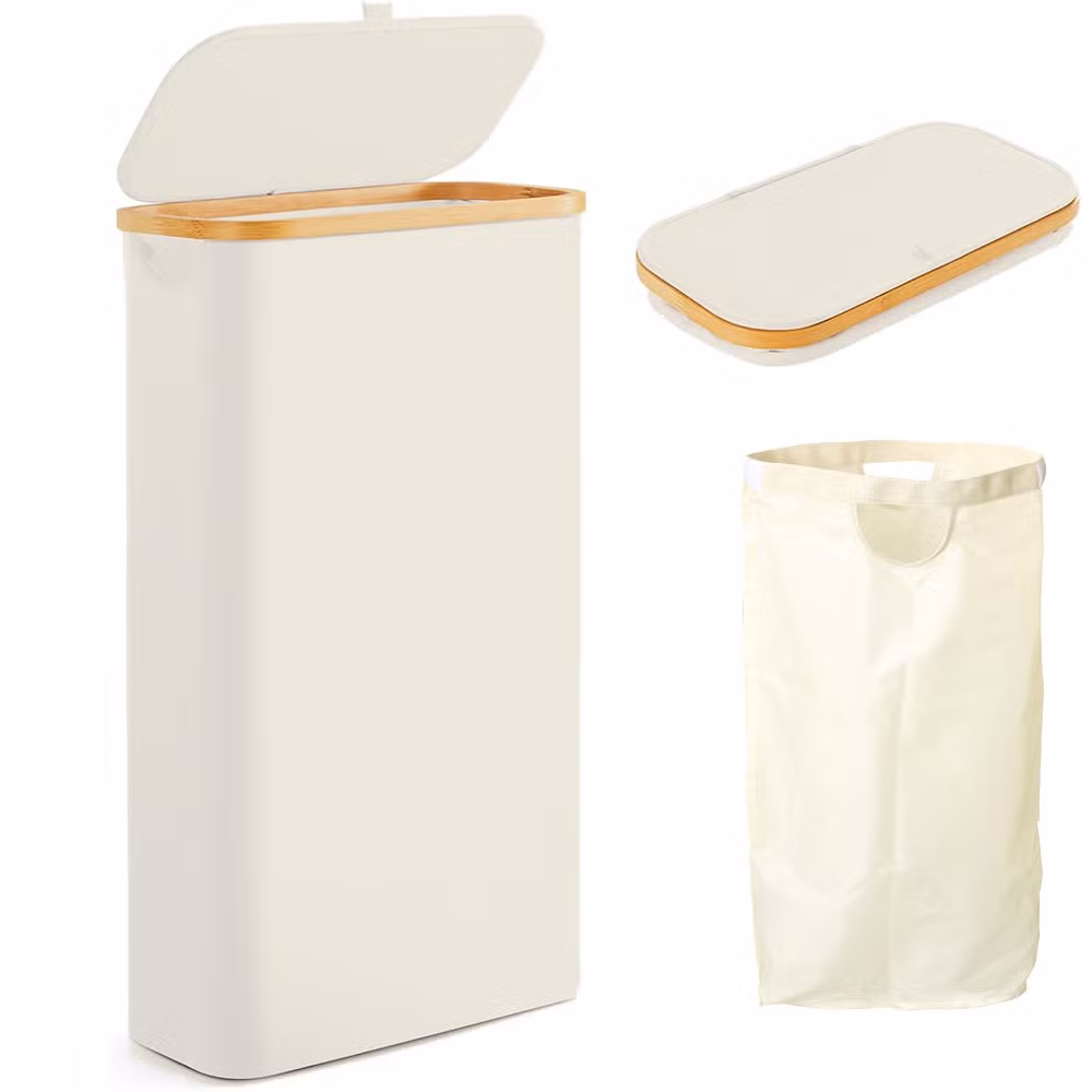 60L Slim Tall Thin Narrow Laundry Basket Removable Inner Bag Bamboo Handles Clothes Hamper Laundry Hamper with Lid