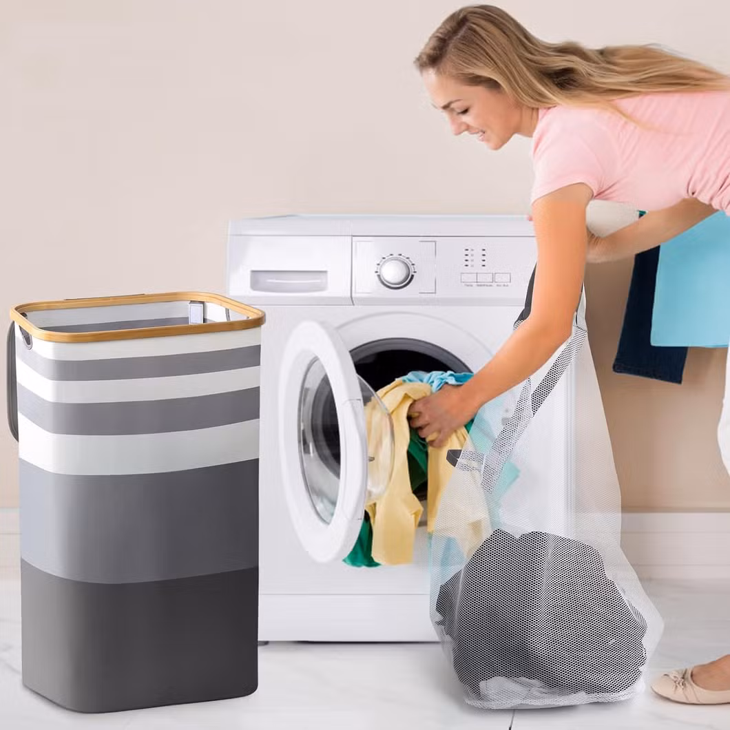 60L Slim Tall Thin Narrow Laundry Basket Removable Inner Bag Bamboo Handles Clothes Hamper Laundry Hamper with Lid