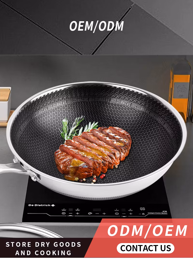 Hot Selling Factory Direct 316 Stainless Steel Non Stick Honeycomb Pan Kitchen Frying Wok with Glass Lid