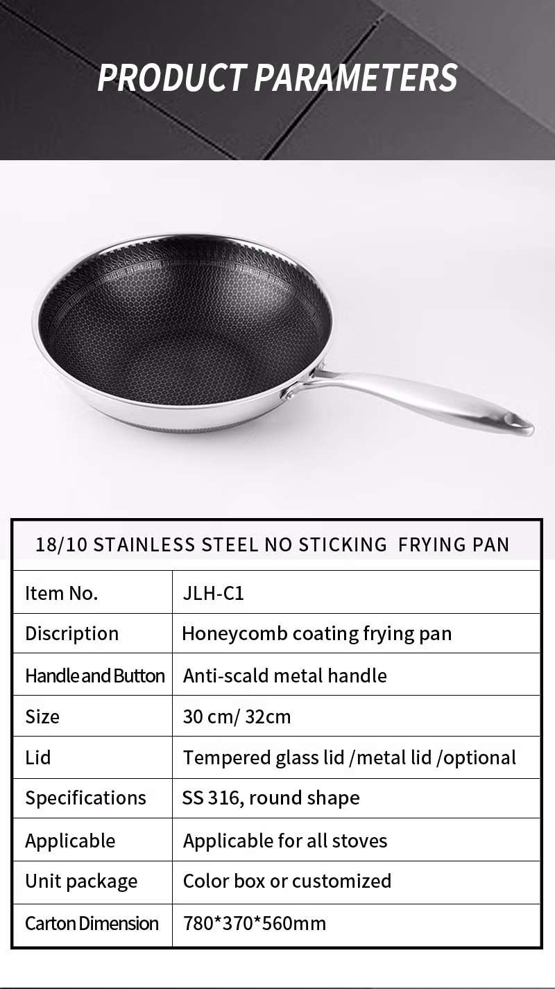Hot Selling Factory Direct 316 Stainless Steel Non Stick Honeycomb Pan Kitchen Frying Wok with Glass Lid