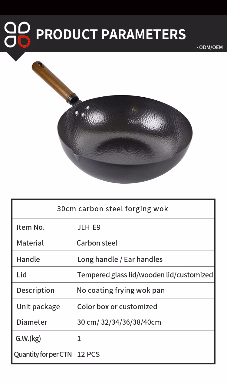 Best Sale 30cm No Coating Carbon Steel Forging Wok Frying Pan with Custom Long or Ear Handle and Tempered Glass Lid