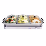 Hongkong Bava Dividers Stainless Steel Hanging Buffet Serving Food Warmer Glass Lid Roll Top Chafer Rotating Chafing Dish