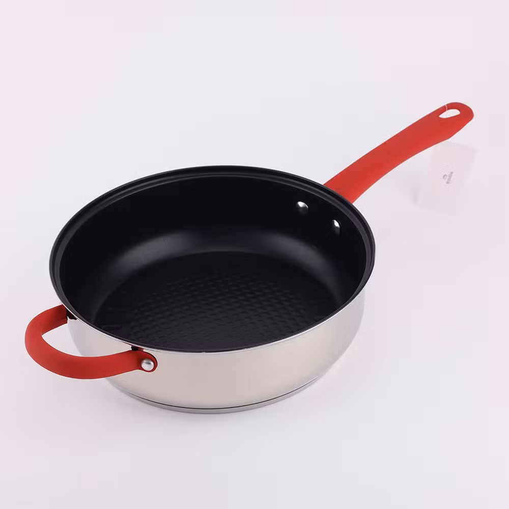 Kitchenware Stainless Steel Frypan with Non-Stick and Red Silicone Handle