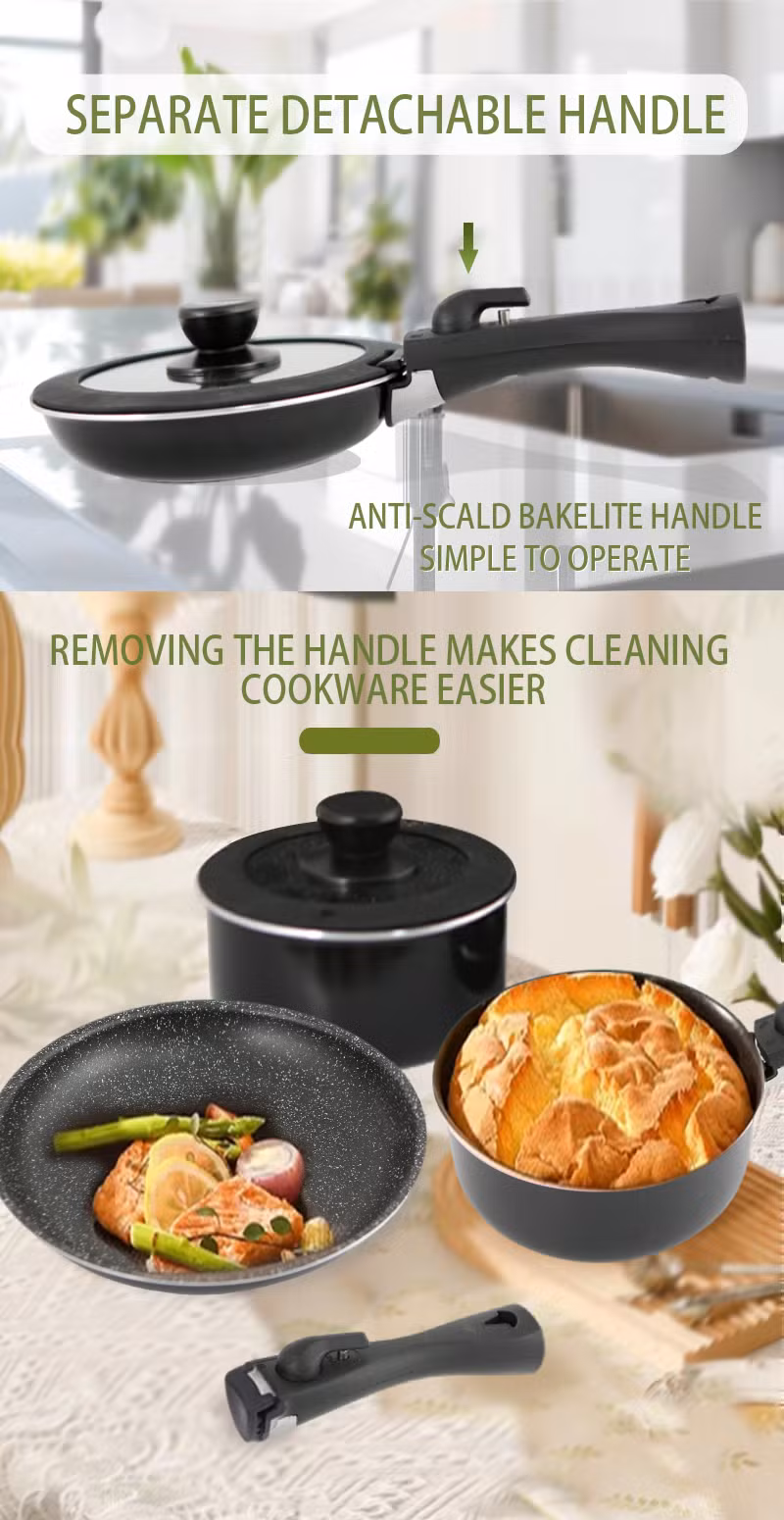 Kitchen Non-Stick Cookware Sets with Removable Handle Stackable Pots and Pans Set for Camping