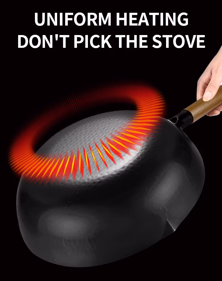 Best Sale 30cm No Coating Carbon Steel Forging Wok Frying Pan with Custom Long or Ear Handle and Tempered Glass Lid