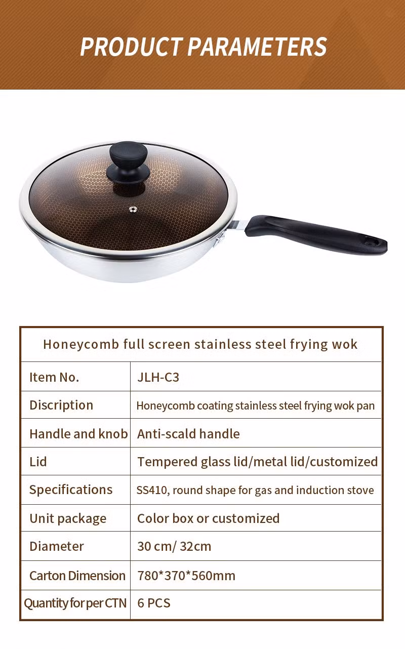 High Quality 30/32cm Induction Stainless Steel Wok Cooker Applies for All Stoves Frying Pan with Plastic Handle