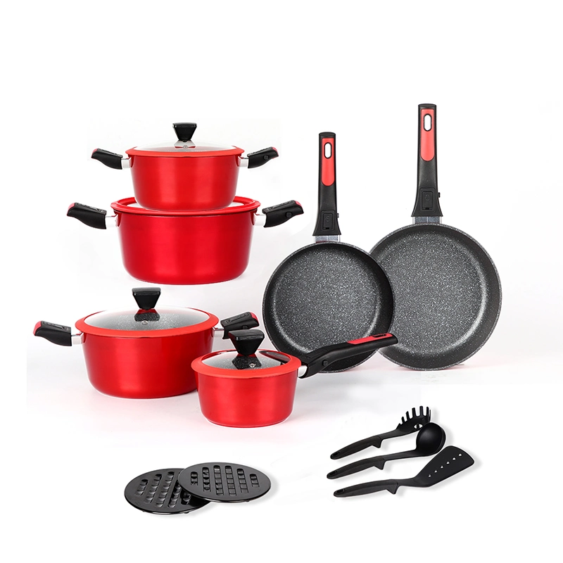 15PCS Oven Safe Forged Nonstick Granite Detachable Handle Kitchenware with Silicone Lid Removable Handle Frying Pan Non Toxic Induction Casserole Sauce Pot