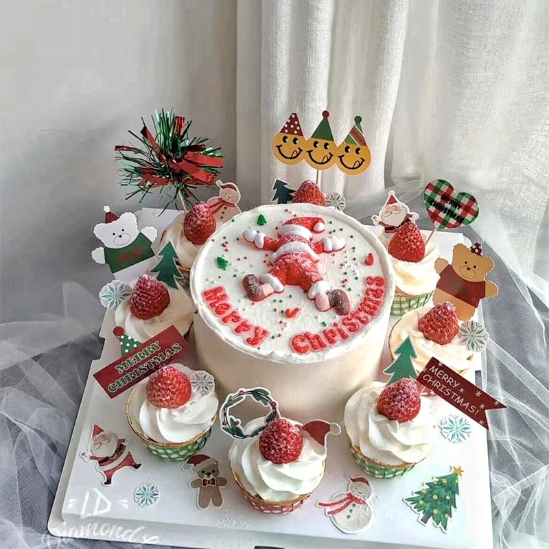 Merry Christmas Bear English Paper 21 Piece Cake Insert Factory Direct Supply Cake Plug-in Christmas Decoration