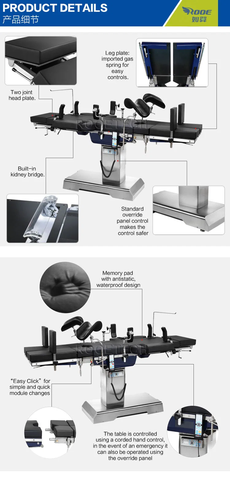 Medical 300kgs Loading Double Control System Electro-Hydraulic Operating Table with Translation