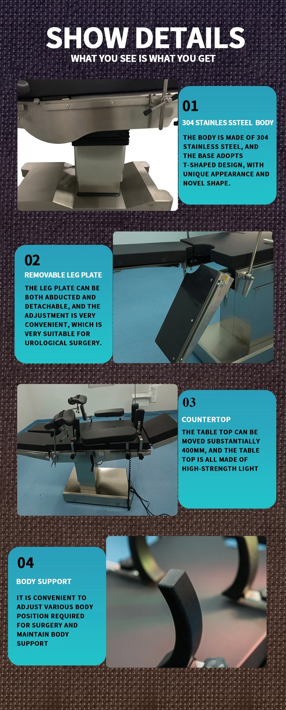 Orthopedic Operating Tables C-Arm X-ray Examination Electric Surgery Bed with Memory Sponge Pad