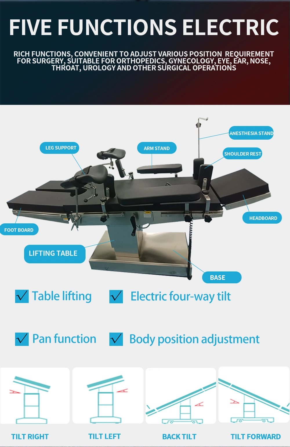 Orthopedic Operating Tables C-Arm X-ray Examination Electric Surgery Bed with Memory Sponge Pad