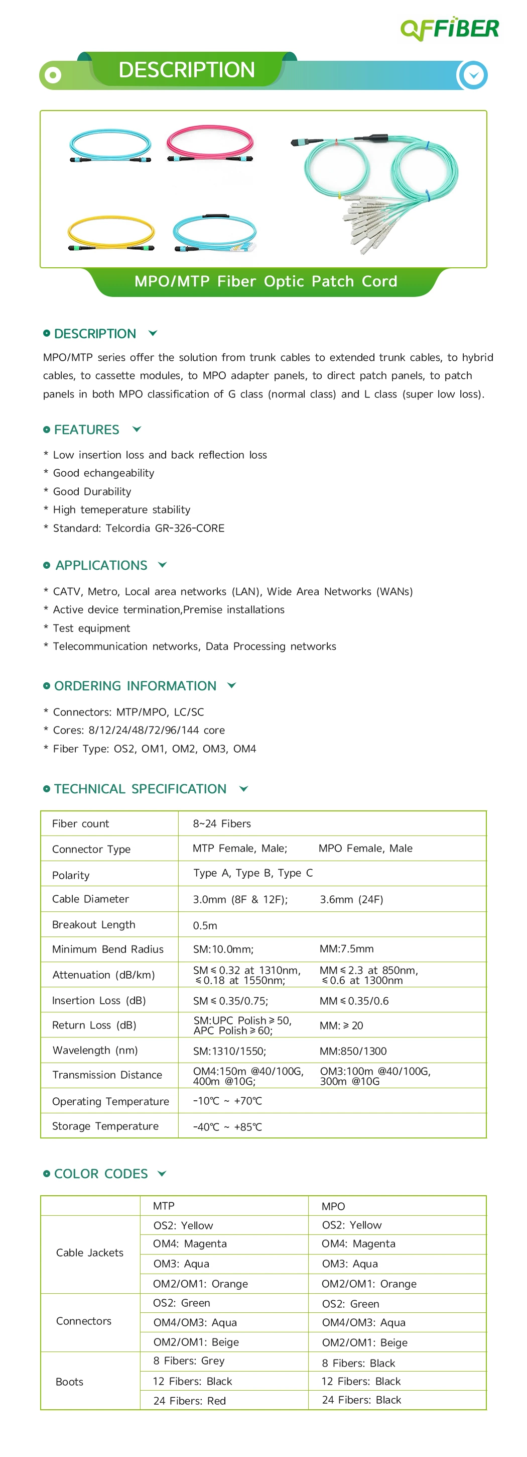 MTP MPO Patch Cord 12 Core 24core MPO-MTP Patchcord