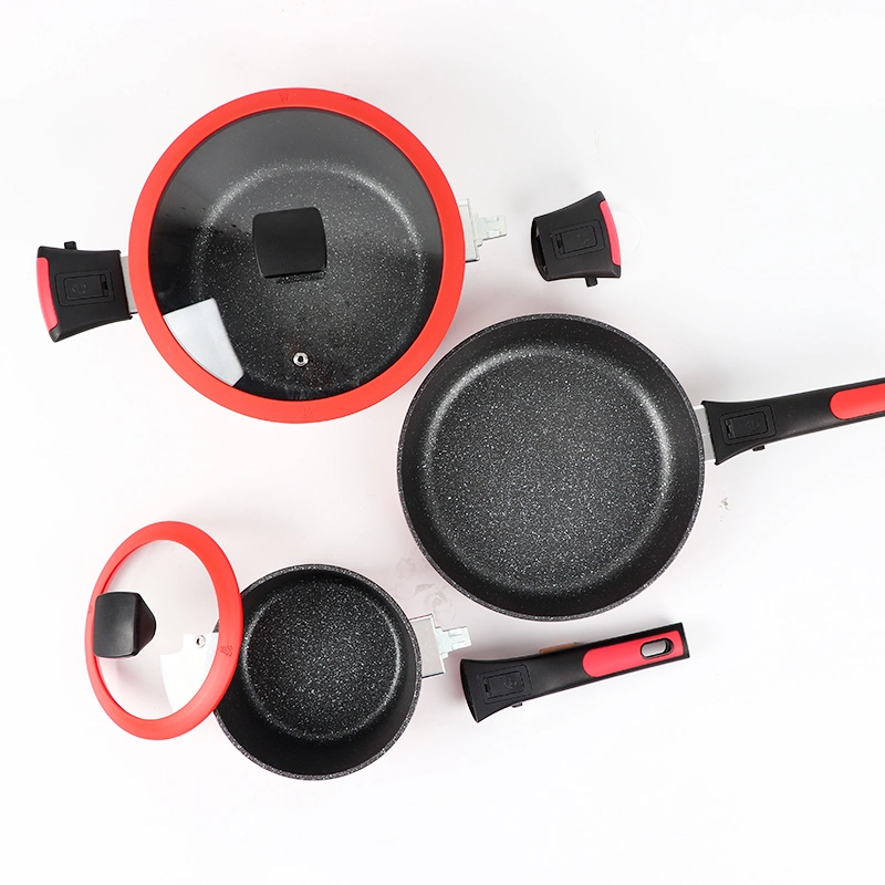 15PCS Oven Safe Forged Nonstick Granite Detachable Handle Kitchenware with Silicone Lid Removable Handle Frying Pan Non Toxic Induction Casserole Sauce Pot