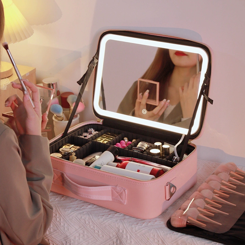 Makeup Bag with Lighted Mirror, Travel Make up Train Case with Adjustable Brightness Vanity Mirror and Detachable Adjustable Dividers Cosmetics for Women