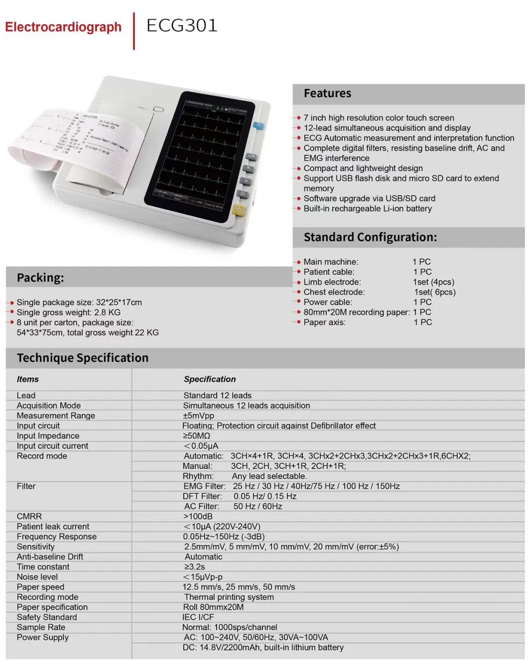 12-Lead 6 Channel Emergency Electrocardiograph ECG Test Machine with Interpretation